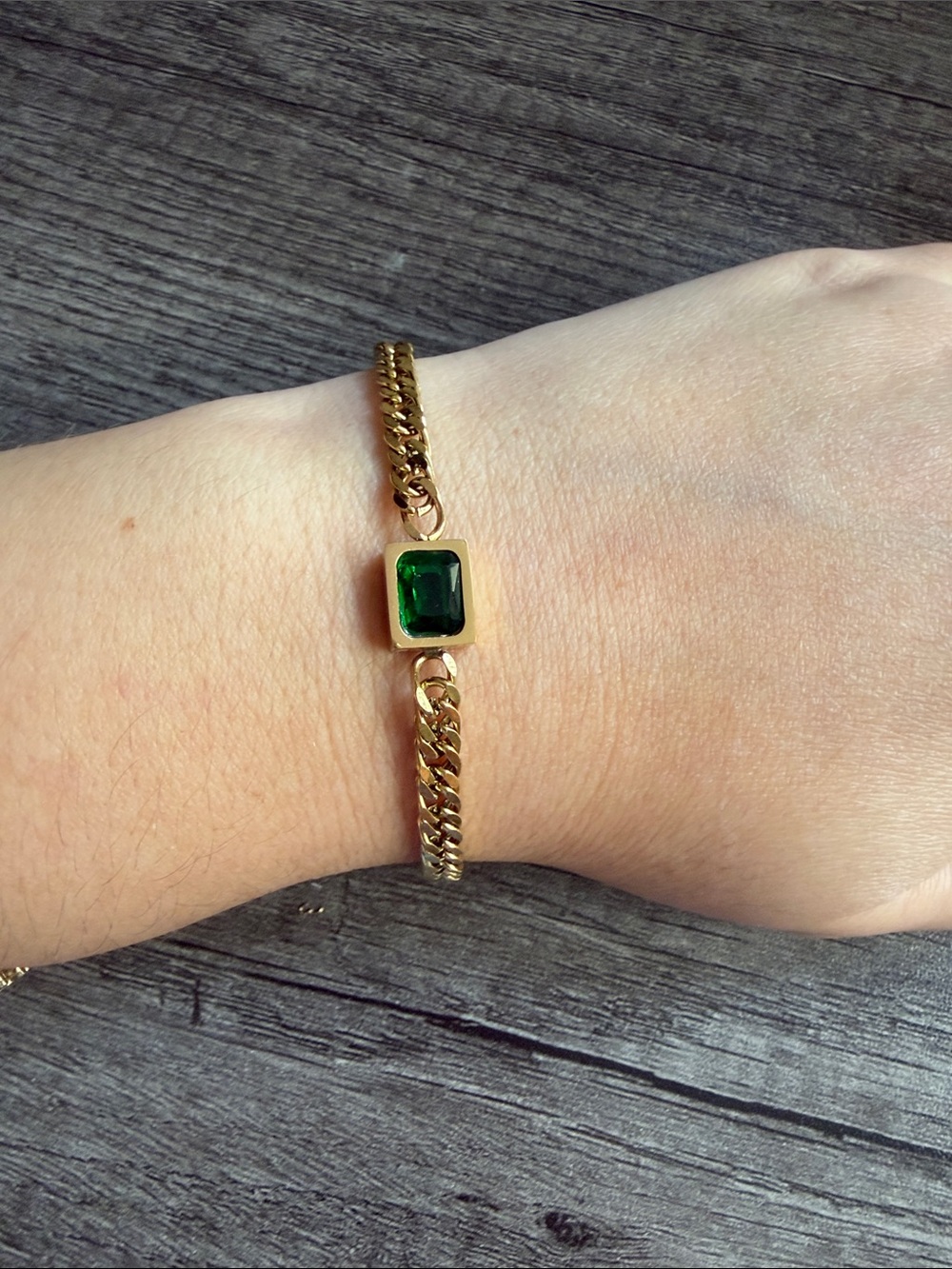 Gold plated stainless steel green stone chain bracelet